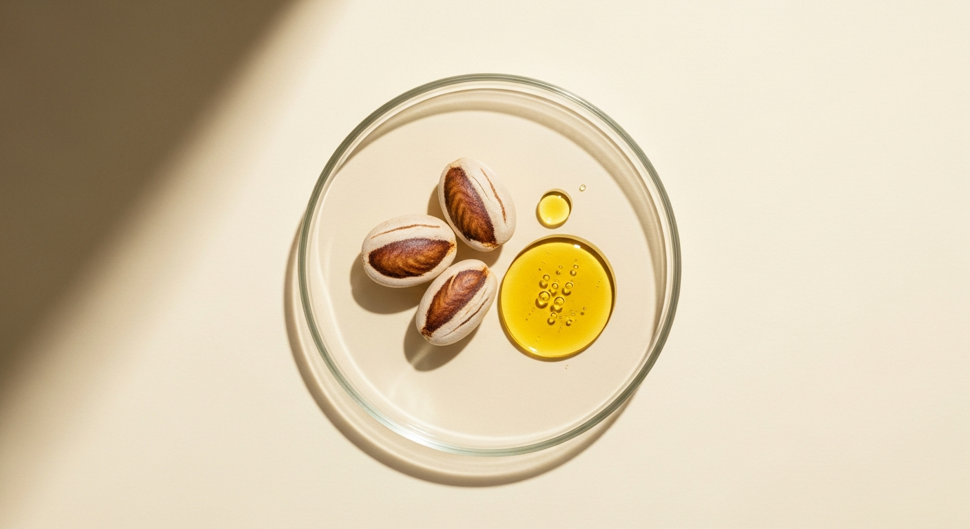 Golden baobab seed oil in a dropper bottle, surrounded by seeds and fruit