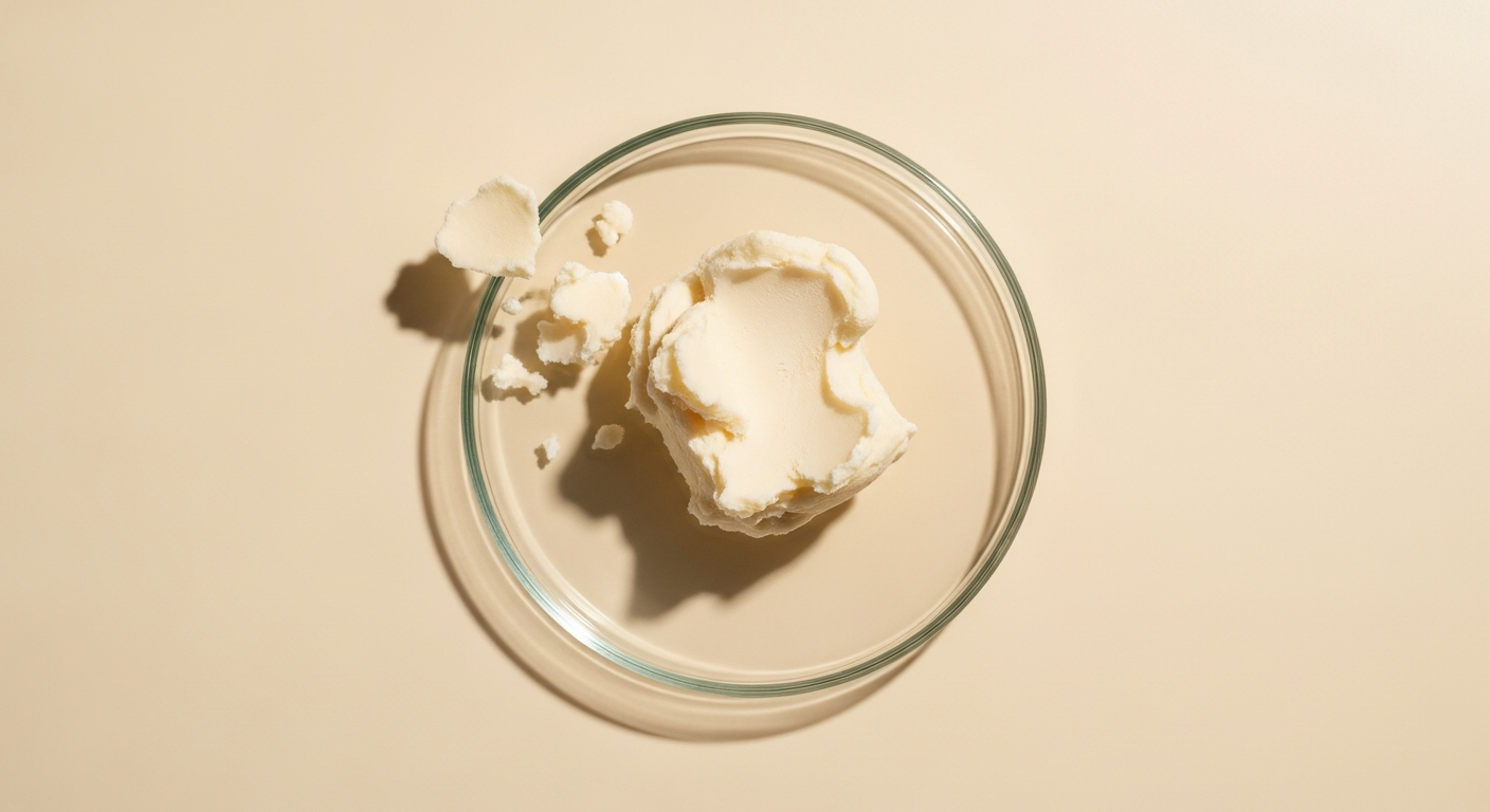 Creamy organic Butyrospermum Parkii Shea Butter texture in wooden bowl with raw nuts nearby