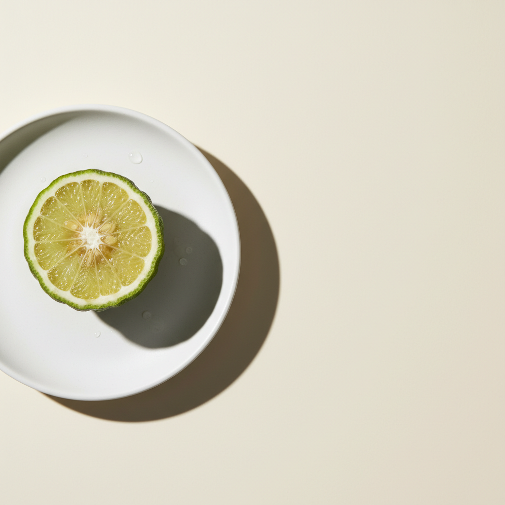 Golden bergamot essential oil drops beside fresh citrus fruit