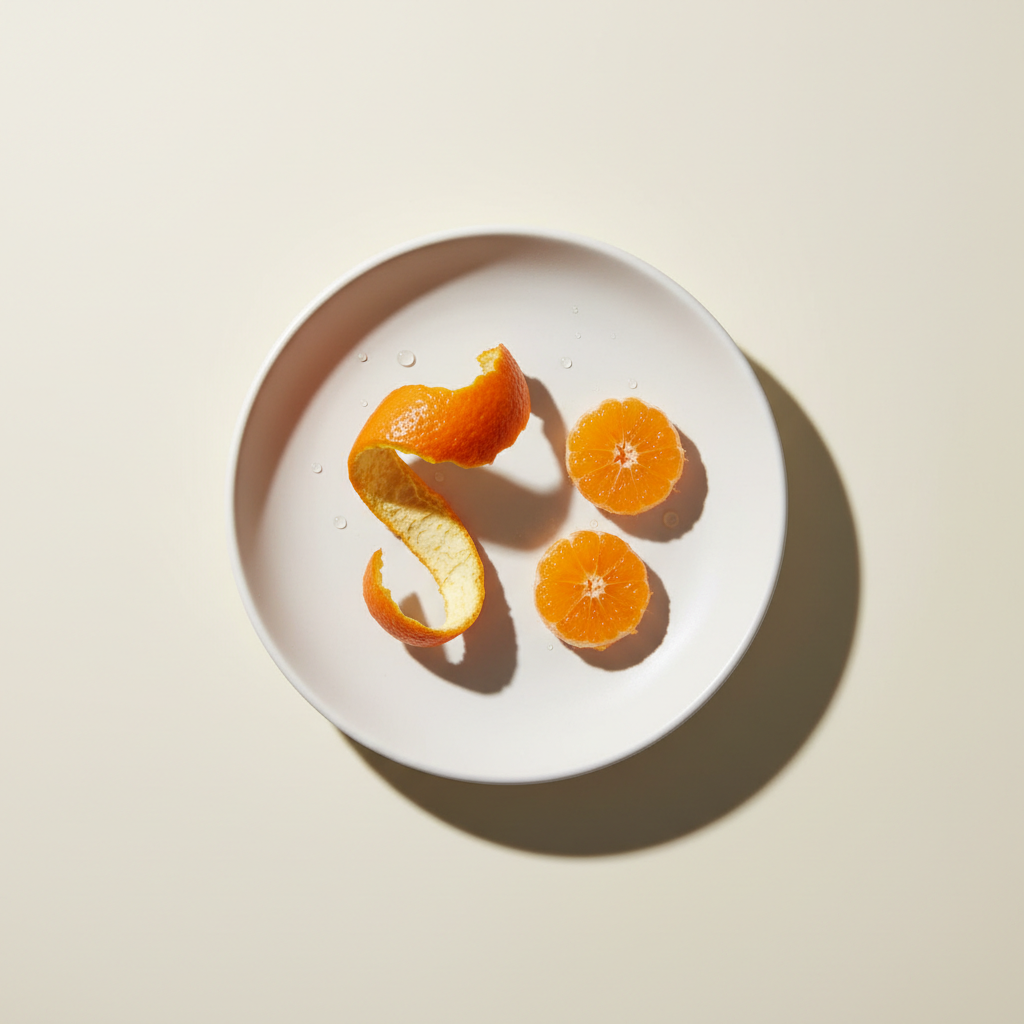 Golden essential oil bottle with fresh orange peels and bright citrus fruit