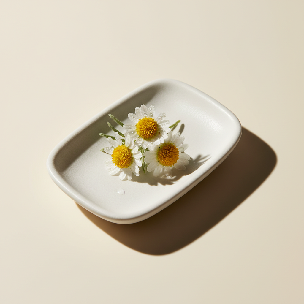 Eriocephalus Punctulatus Cape Chamomile flower oil bottle with fresh white blossoms