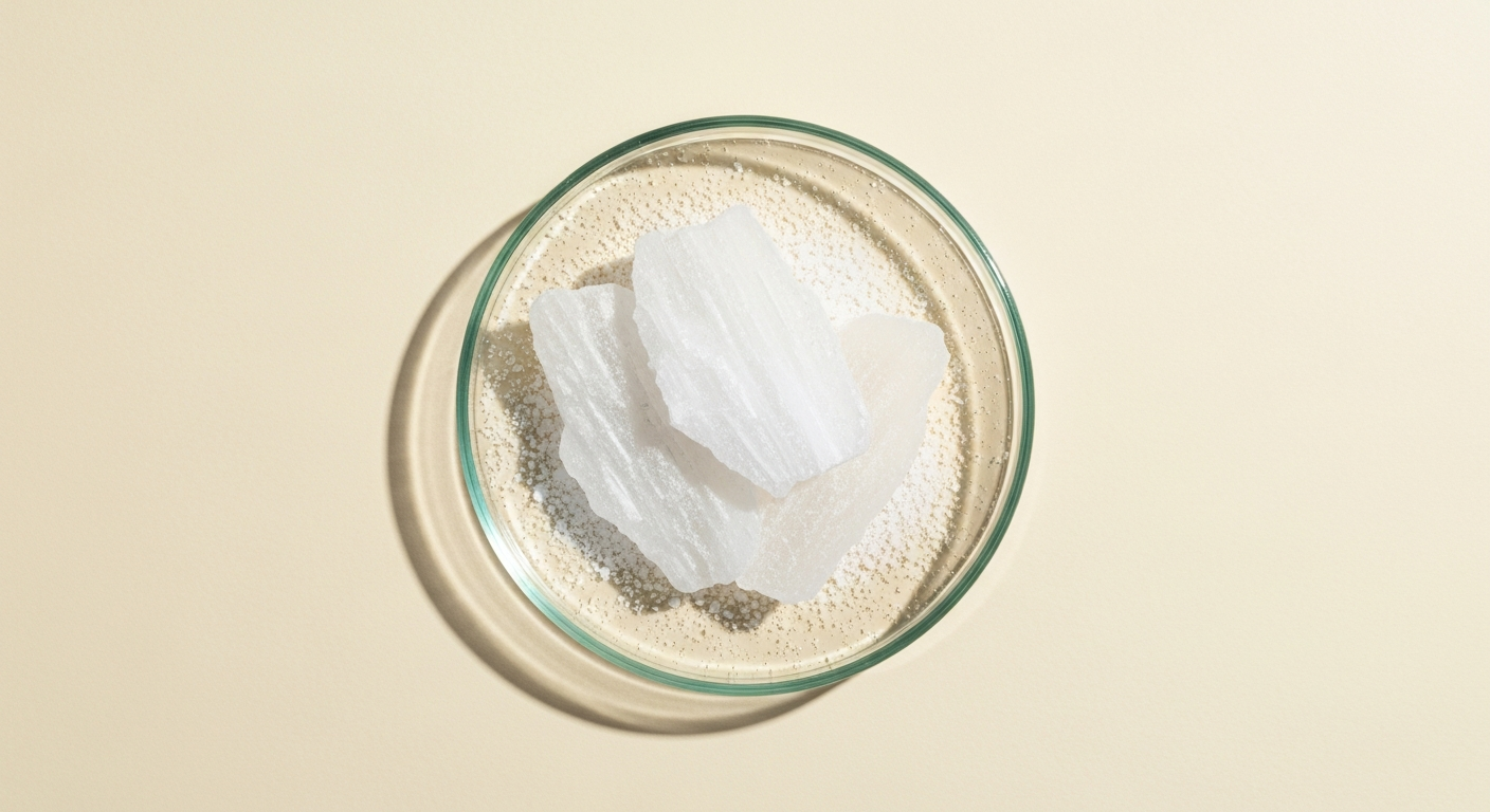 Pure magnesium chloride flakes in a wooden bowl, ready for a relaxing bath soak