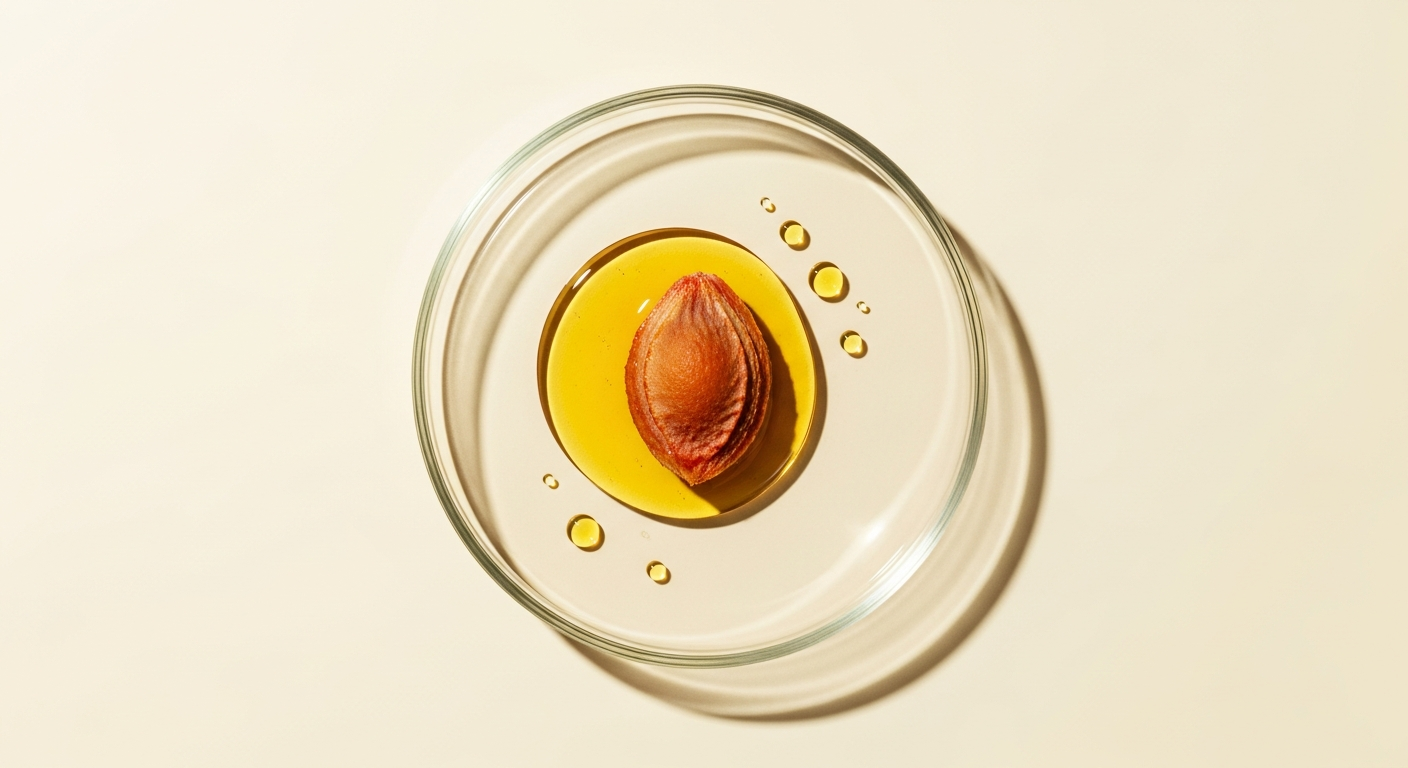 Golden bottle of nourishing plum seed oil surrounded by ripe, fresh purple plums