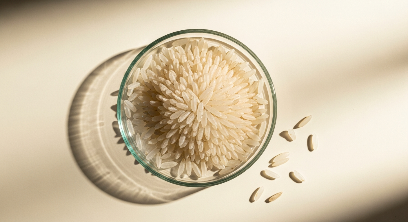 Skincare dropper bottle of pure rice extract for hydration surrounded by white rice grains