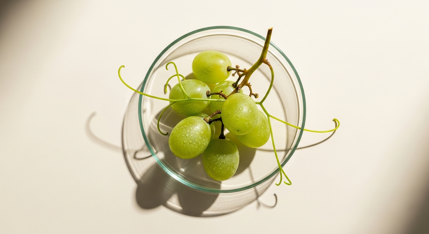Pure white tartaric acid crystals in a glass bowl next to fresh wine grapes